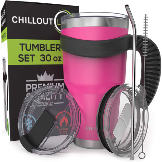 Stainless Steel Tumbler with Handle - Hot Pink