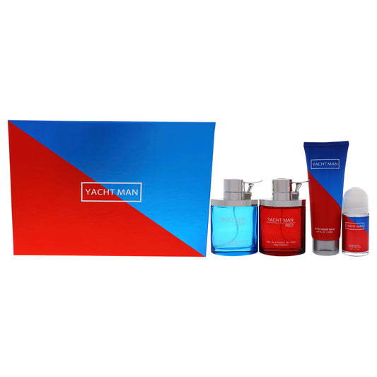 Yacht Man Blue and Yacht Man Red by Myrurgia for Men - 4 Pc Gift Set 3.4oz Red EDT Spray, 3.4oz Blue EDT Spray, 5.07oz After Shave Balm, 1.69 Deodorant Stick