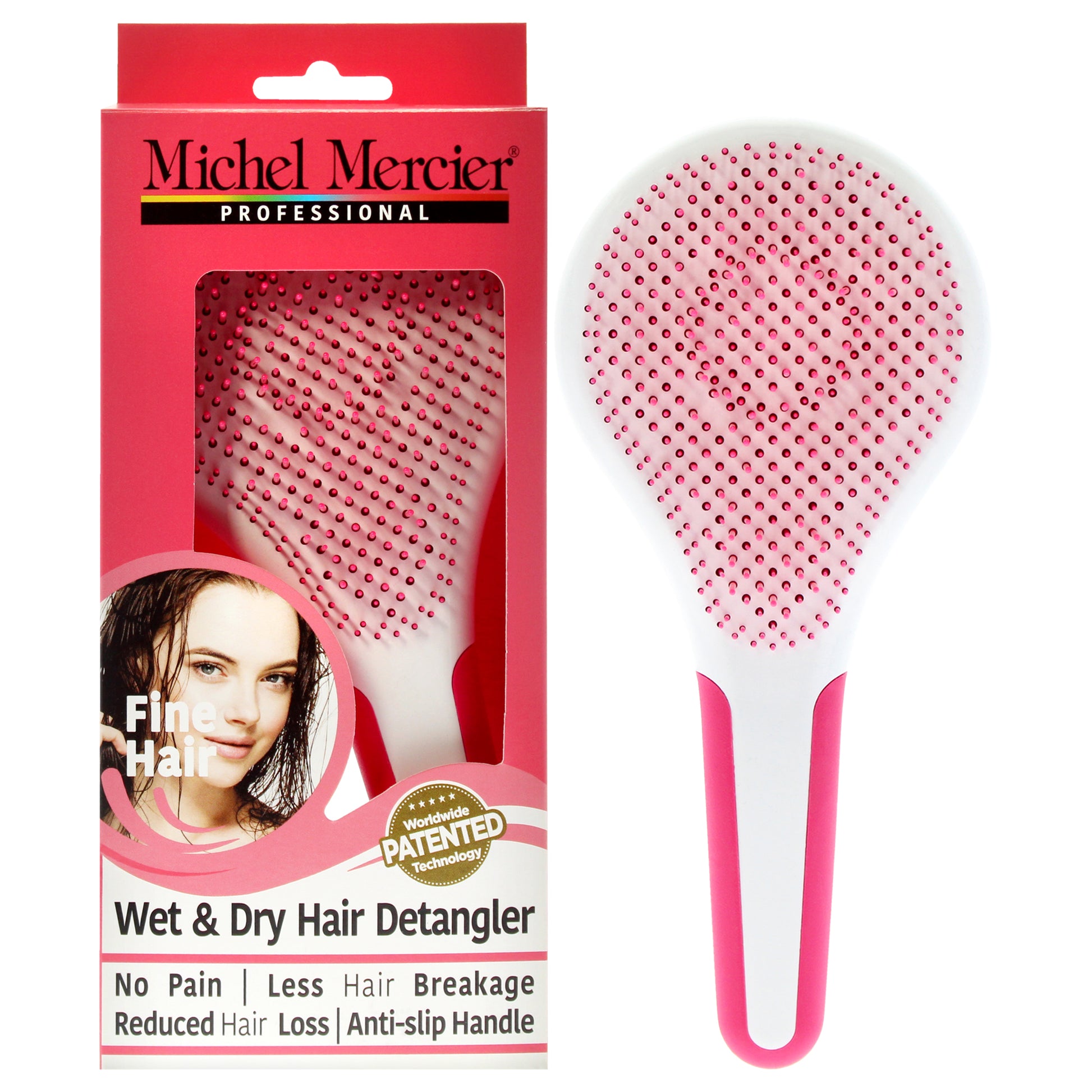 Wet and Dry Hair Detangler Fine Hair - Pink-White by Michel Mercier for Women - 1 Pc Hair Brush