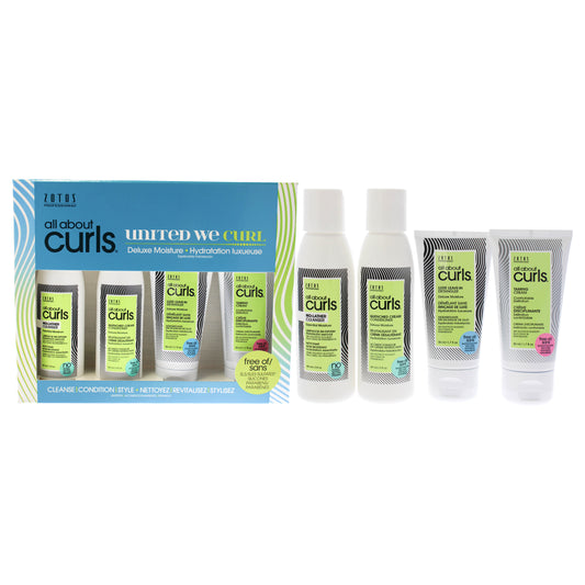 Deluxe Moisture Kit by All About Curls for Unisex 4 Pc 3oz No-Lather Cleanser, 3oz Quenched Cream Conditioner, 1.7oz Luxe Leave-In Detangler, 1.7oz Taming Cream