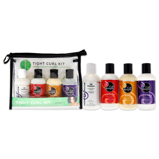 Tight Curl Kit by Curl Keeper for Unisex - 4 Pc Set 3.4oz Silk Shampoo Rich Moisturizing Cleanser, 3.4oz Leave-In Conditioner Softens Rough Dry Hair, 3.4oz Styling Cream Tames Textured Hair, 3.4oz Original Liquid Styler Frizz-Free Curls
