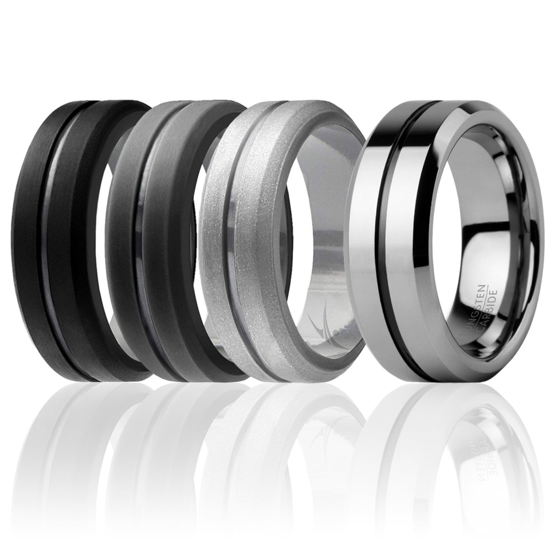 ROQ Silicone Wedding Twin Middle Line Ring Set - Black