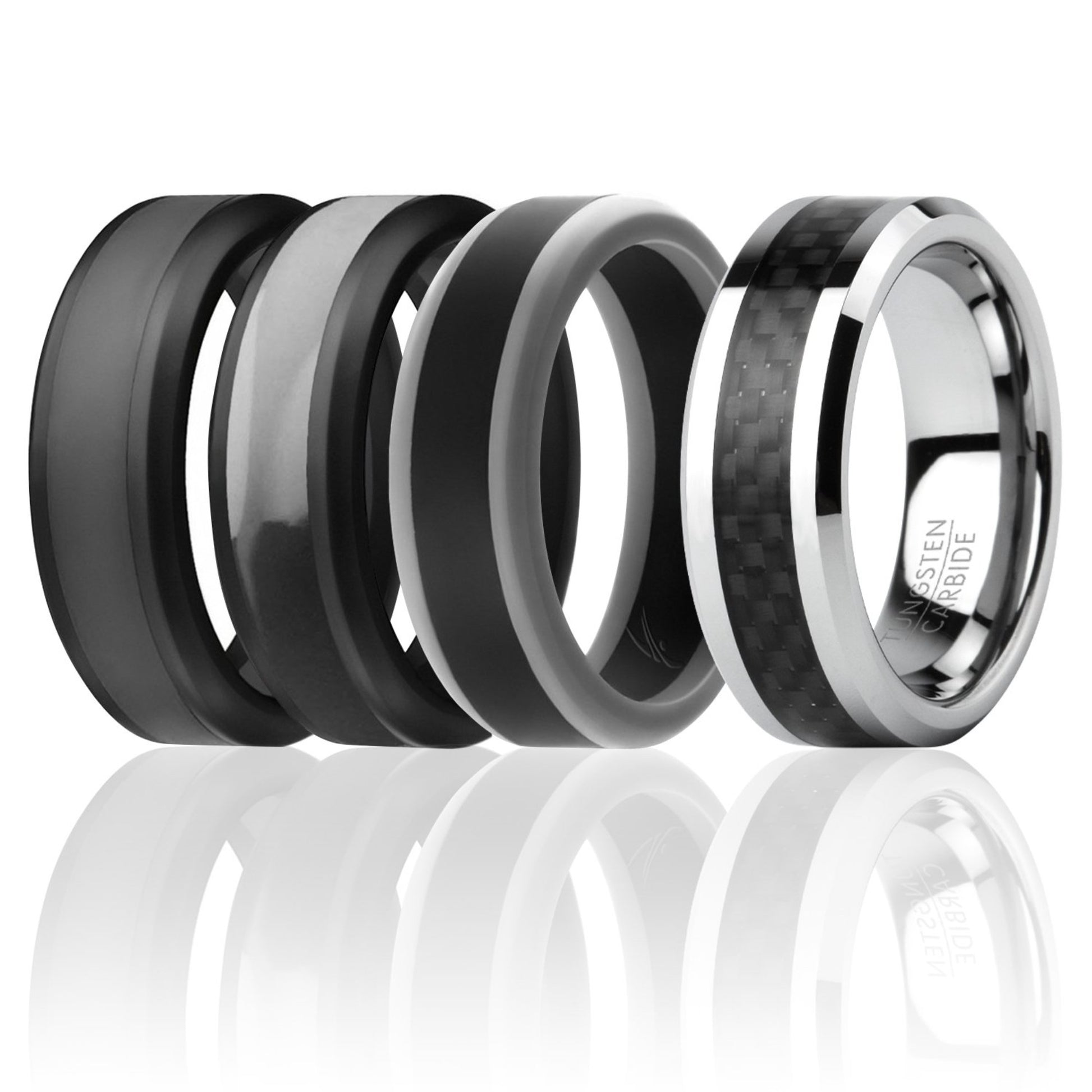 ROQ Silicone Wedding Twin Carbon Ring Set - Black-Grey