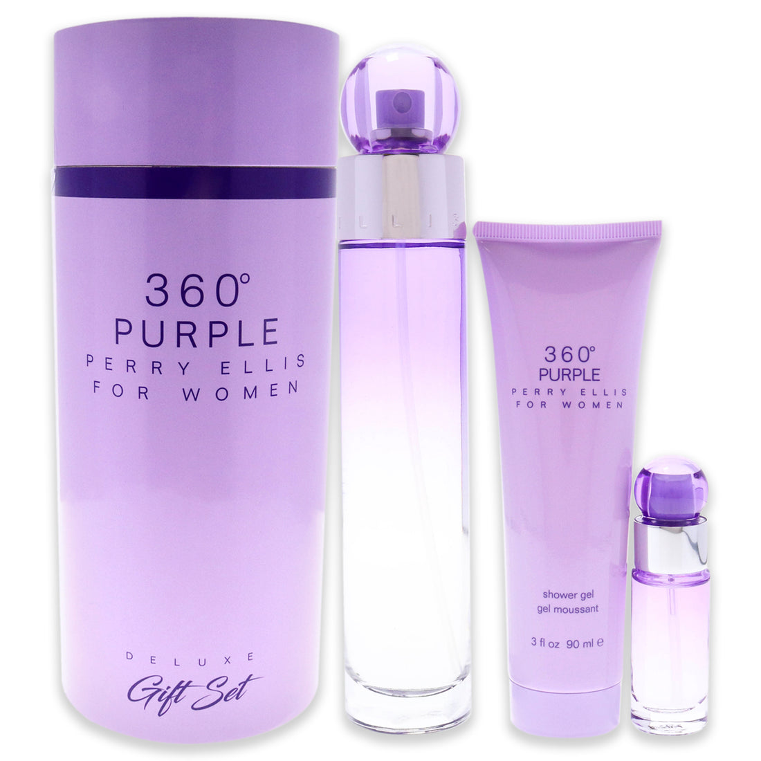 360 Purple by Perry Ellis for Women 3 Pc Gift Set 3.4oz EDP Spray, 0.25oz EDP Spray, 3.0oz Shower Gel