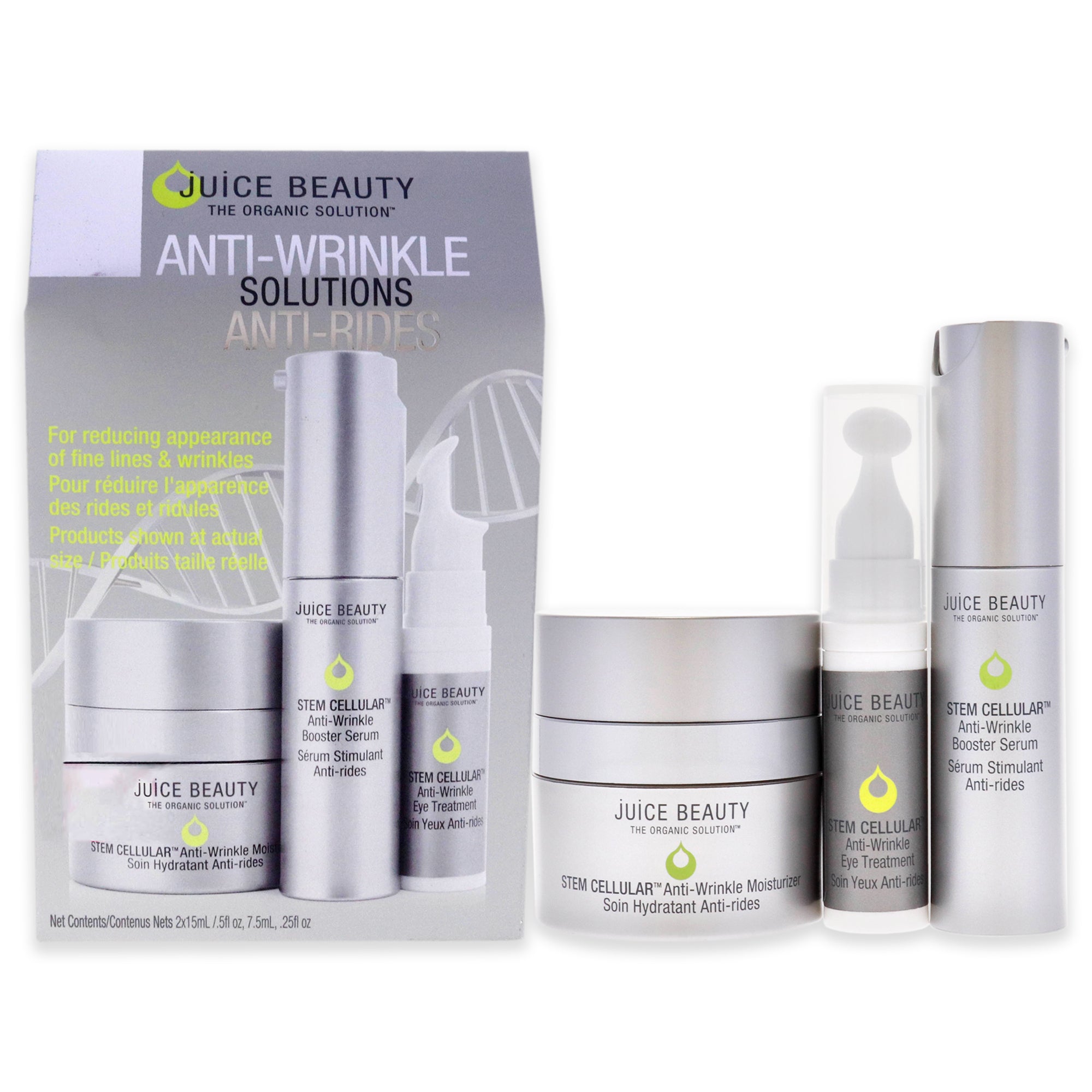 Stem Cellular Anti-Wrinkle Solutions Kit by Juice Beauty for Women - 3 Pc 0.5oz Stem Cellular Anti-Wrinkle Booster Serum, 0.5oz Anti-Wrinkle Cell Moisturizer, 0.5oz Anti-Wrinkle Eye Treatment