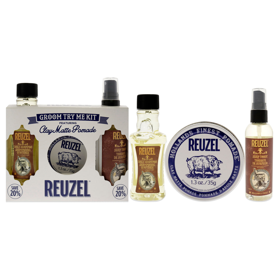 Clay Matte Try Me Kit by Reuzel for Men - 3 Pc 1.3oz Clay Pomade, 3.38oz Surf Tonic, 3.38 Daily Shampoo