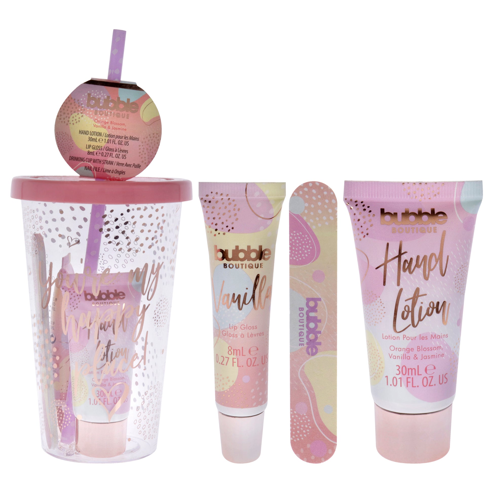 Bubble Boutique Travel Cup - Eco Packaging by Style and Grace for Women - 4 Pc 1.01oz Hand Lotion, 0.27oz Lip Gloss - Vanilla, Drinking Cup, Nail File