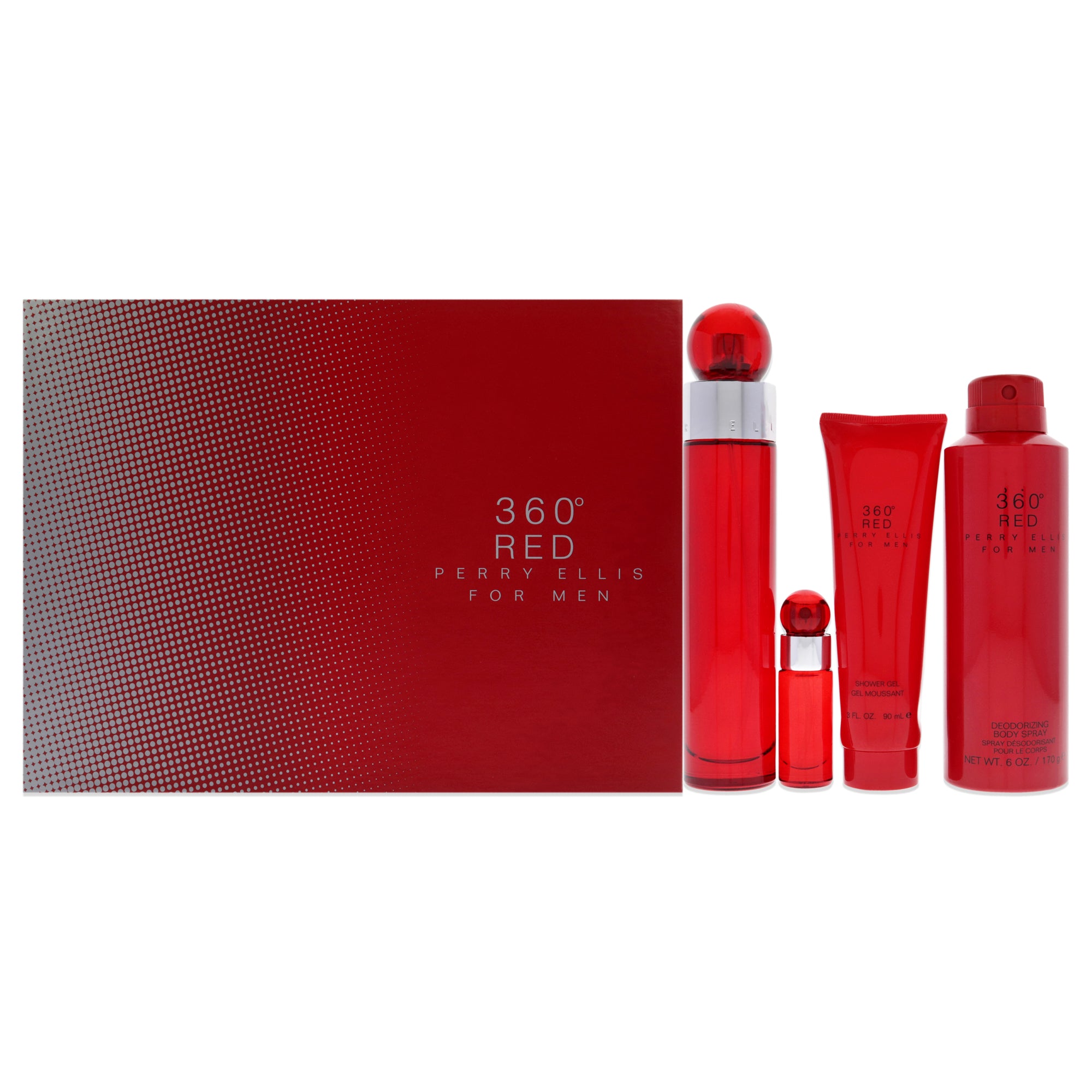 360 Red by Perry Ellis for Men - 4 Pc Gift Set 3.4oz EDT Spray, 6oz Body Spray, 3oz Shower Gel, 7.5ml EDT Spray