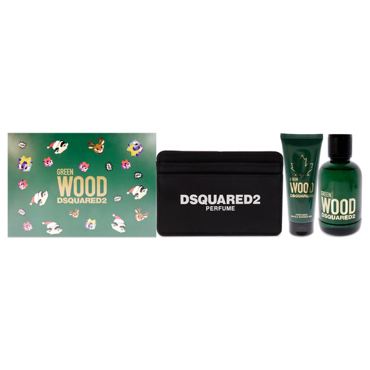 Green Wood by Dsquared2 for Men - 3 Pc Gift Set 3.4oz EDT Spray, 3.4oz Perfumed Bath and Shower Gel, Card Holder