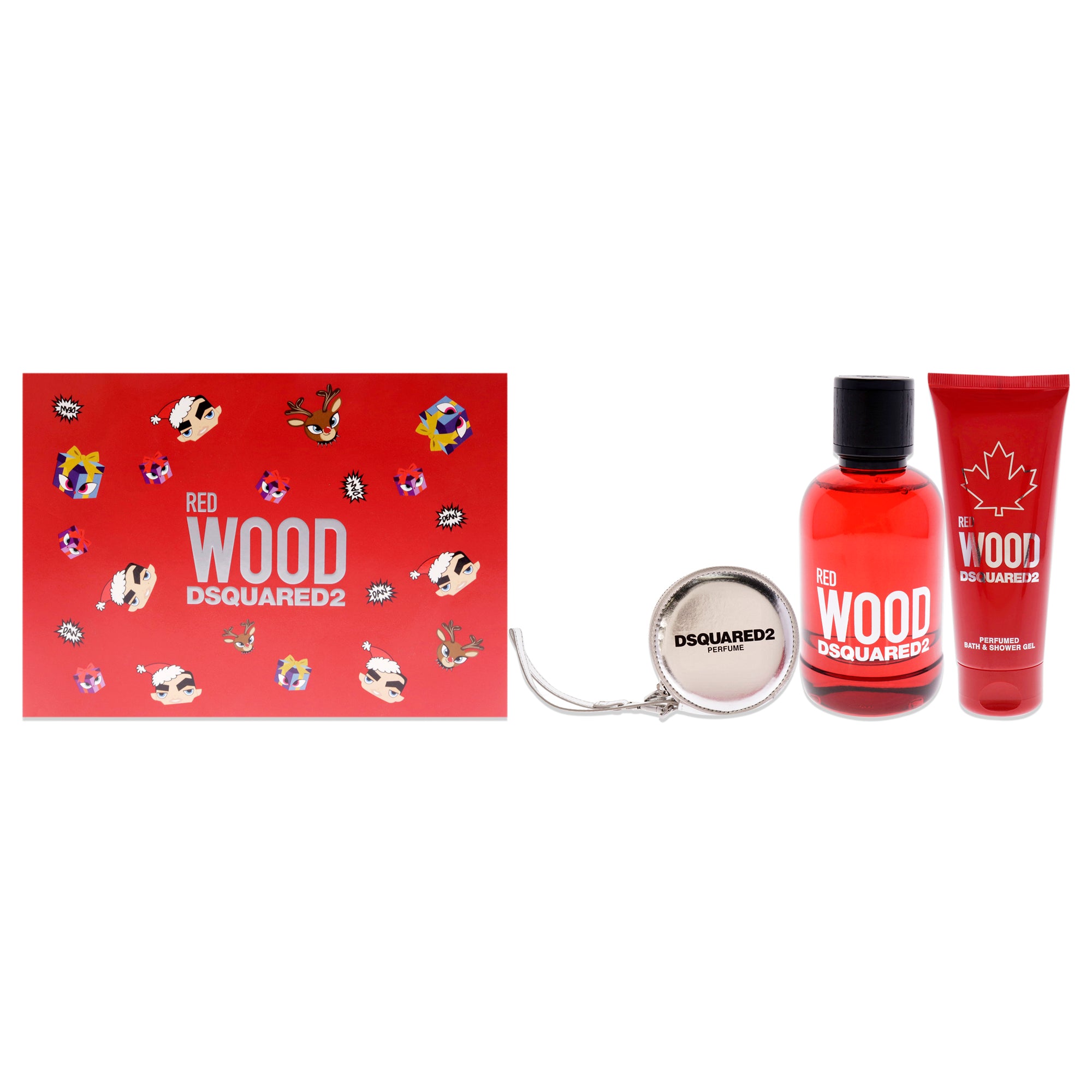 Red Wood by Dsquared2 for Women - 3 Pc Gift Set 3.4oz EDT Spray, 3.4oz Perfumed Bath and Shower Gel, Silver Round Purse