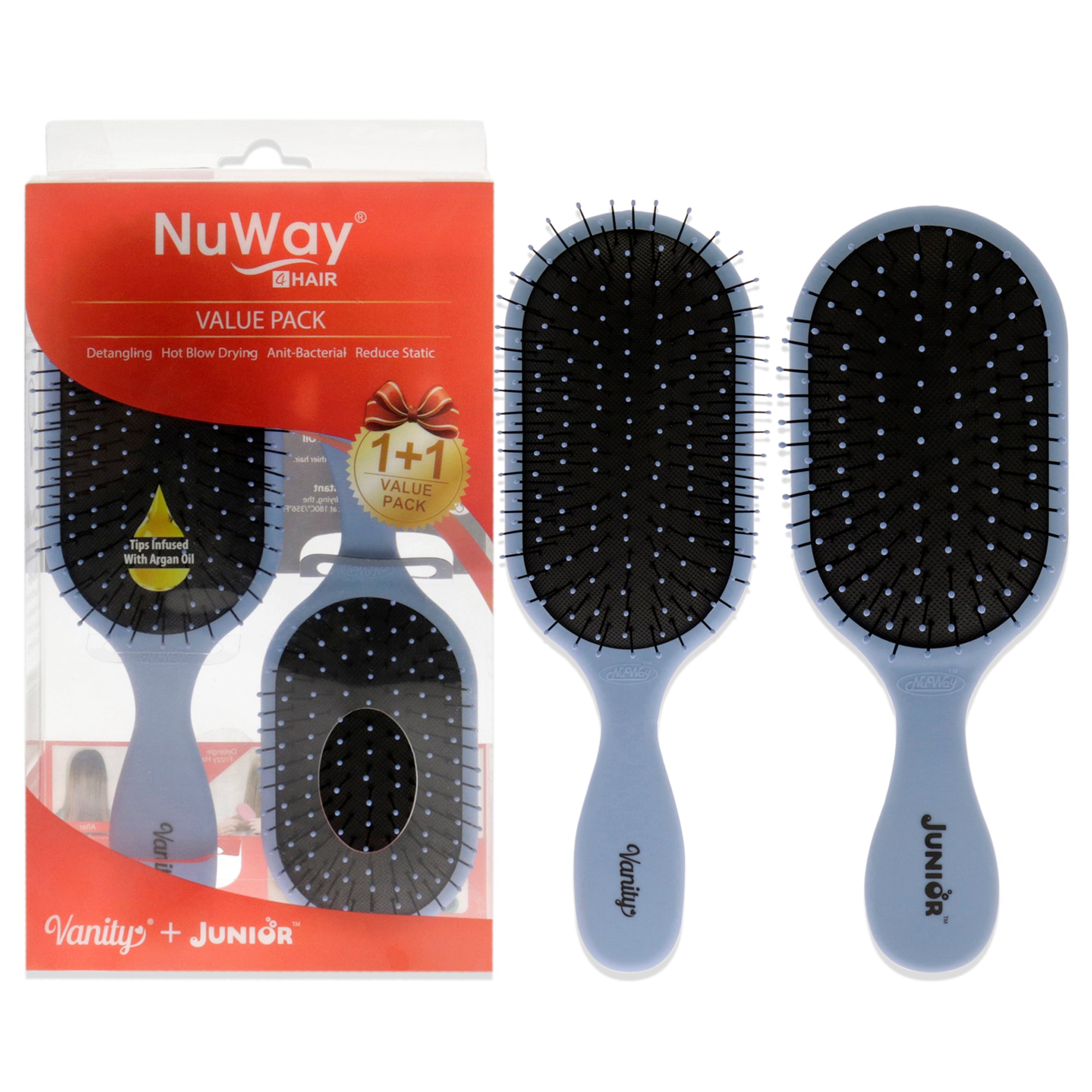 Vanity and Junior Pro Hair Dryer Safe-Reduced Static Set - Blue by NuWay 4Hair for Unisex - 2 Pc Hair Brush
