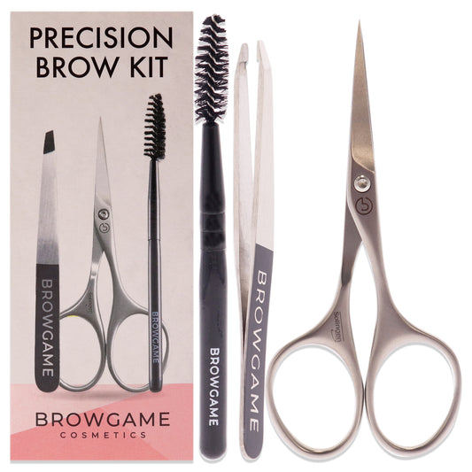 Precision Brow Kit by Browgame for Women - 3 Pc Original Slant Tweezer, Eyebrow Scissor, Spoolie Brush