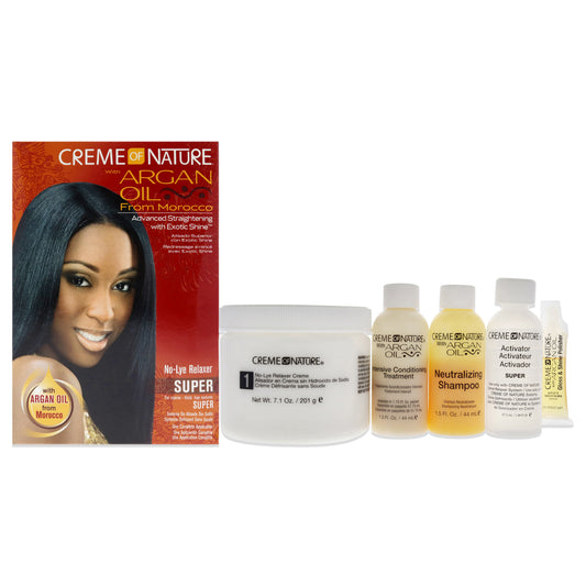 Argan Oil No-Lye Relaxer Super Kit by Creme of Nature for Unisex - 5 Pc 7.1oz No-Lye Relaxer Creme, 1.94oz Regular Activator, 1.5oz Neutralizing Shampoo, 1.5oz Intensive Conditioning Treatment, 0.14oz Gloss and Shine Polisher