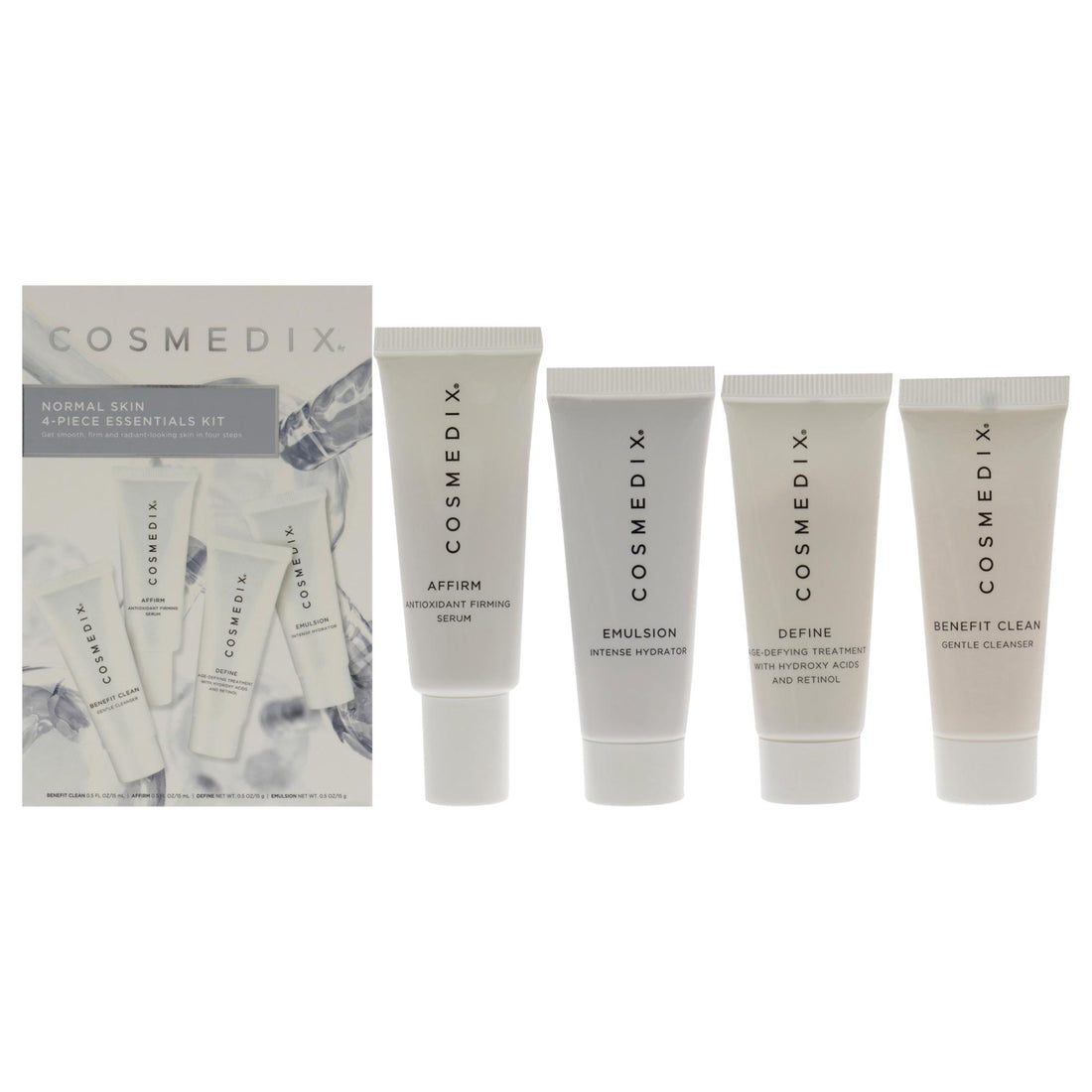 Normal Skin Essentials Kit by CosMedix for Unisex - 4 Pc Kit 0.5oz Benefit Clean, 0.5oz Affirm, 0.5oz Define, 0.5oz Emulsion