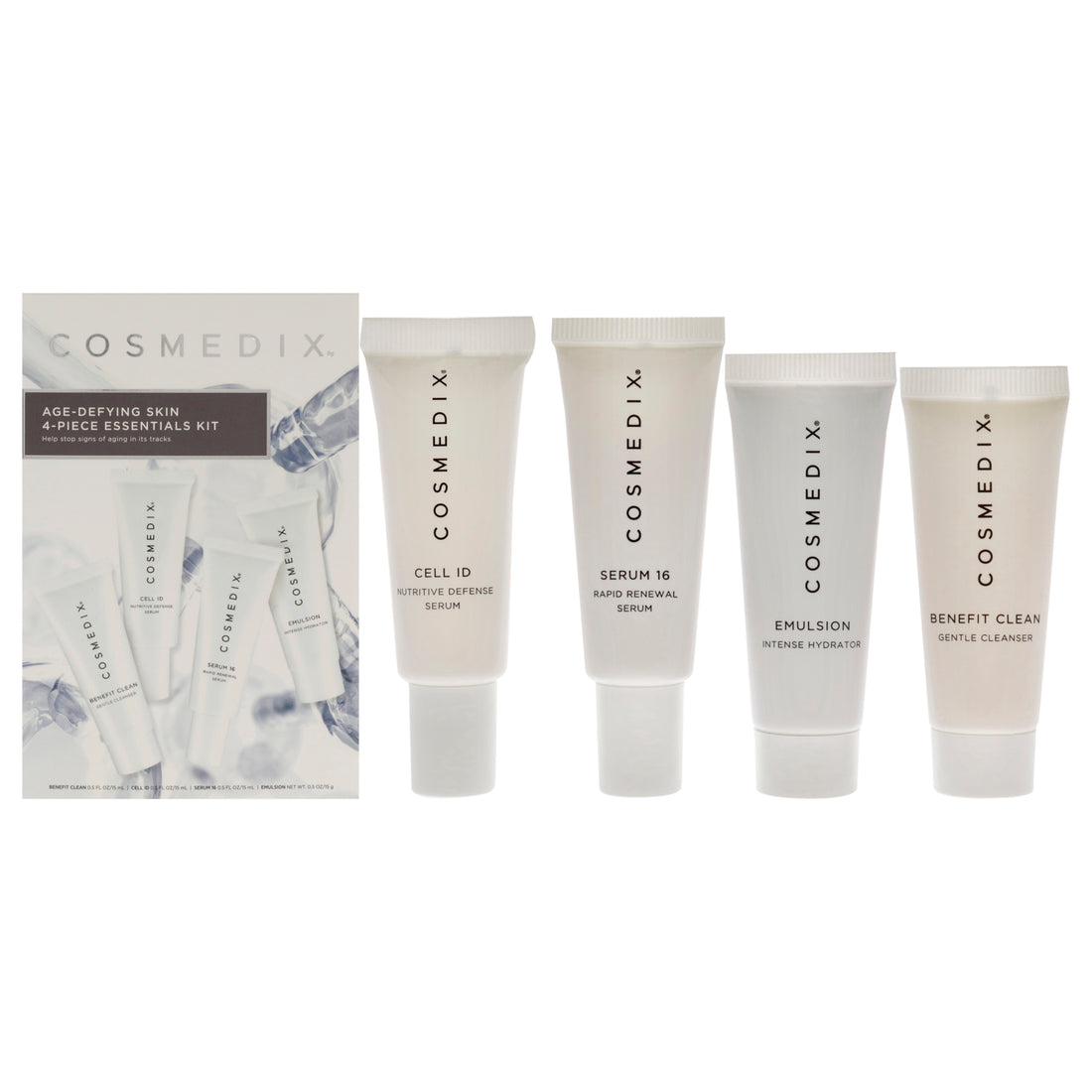 Age-Defying Skin Essentials Kit by CosMedix for Unisex - 4 Pc Kit 0.5oz Benefit Clean, 0.5oz Cell ID, 0.5oz Serum 16, 0.5oz Emulsion