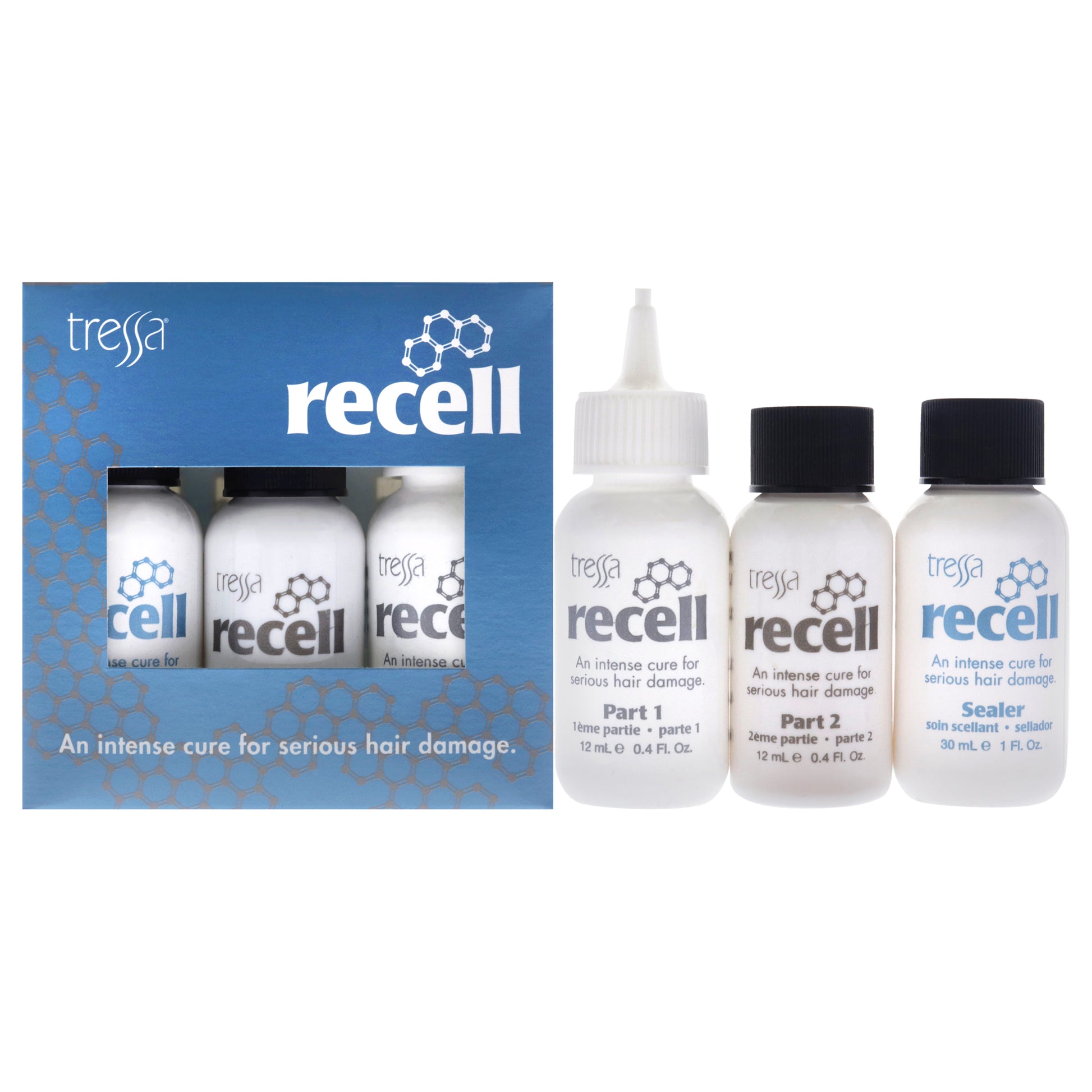 Recell - Intense Reconstructor Hair Treatment Kit by Tressa for Unisex - 3 Pc 0.4oz Part 1 Hair Treatment, 0.4oz Part 2 Hair Treatment, 1oz Sealer