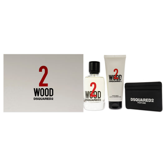 2 Wood by Dsquared2 for Men - 3 Pc Gift Set 3.4oz EDT Spray, 3.4oz Perfumed Bath and Shower Gel, Card Holder