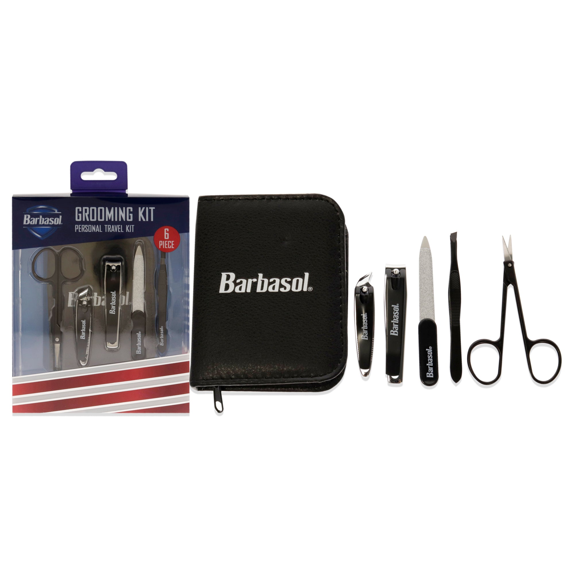 Grooming Manicure Kit by Barbasol for Men - 6 Pc Cuticle Scissors, Large Nail Clipper, Slanted Nail Clipper, Nail File, Pointed Tweezers, Travel Case