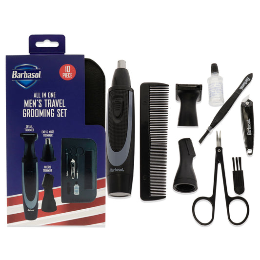 All-In-One Mens Grooming by Barbasol for Men - 10 Pc Comb, Scissors, Tweezers, Nail Clipper, Trimmer, Ear Trimmer, Nose Trimmer, Cleaning Brush, Oil, Storage Case