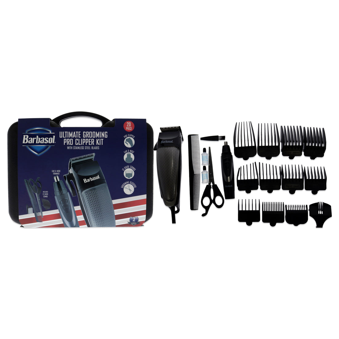 Ultimate Grooming Pro Clipper Kit - Black by Barbasol for Men - 20 Pc Pro Clipper, Ear Trimmer, Nose Trimmer, 12 Guide Combs, Scissors, Comb, Lubricating Oil, Cleaning Brush, Hair Comb