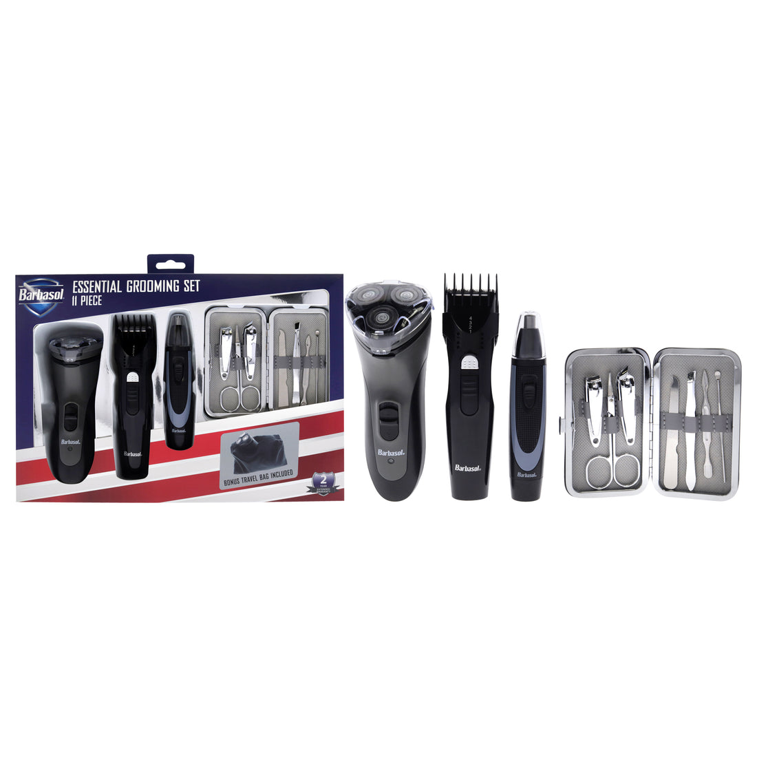 Essential Grooming Set by Barbasol for Men - 11 Pc Rotary Shaver, Body and Beart Trimer, Ear and Nose Trimer, Tweezer, 2 Nail Clippers, 2 Cuticle Pusher, Safety Scissors, Nail File, Travel Bag