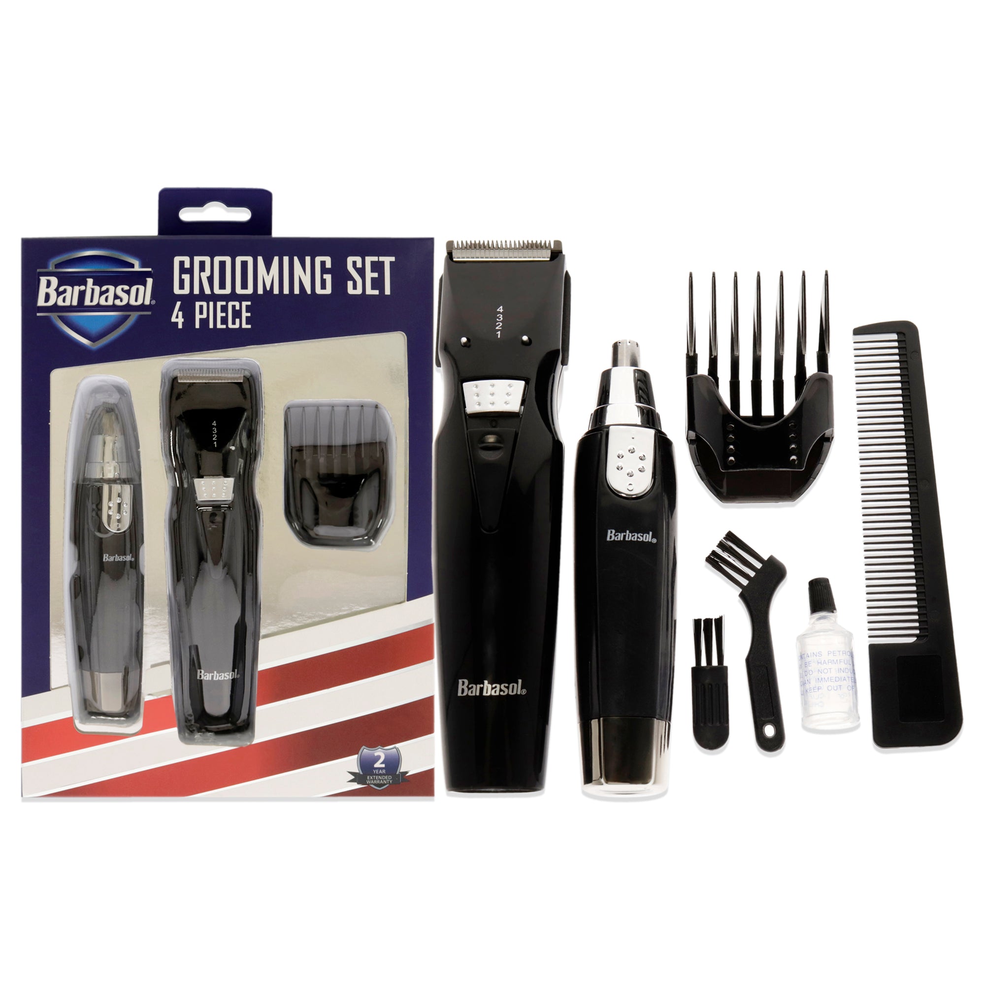 Grooming Set by Barbasol for Men - 5 Pc Body and Beard Trimmer, Guide Comb, Ear and Nose Trimmer, Rechargeable UL Adapter, Cleaning Brush, Oil