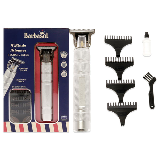 Classic Stainless-Steel Rechargeable Zero-Gapped T-Blade Trimmer by Barbasol for Men - 7 Pc 1Pc Trimmer, 4Pc Separate Comb, Shaving Oil, Cleaning Brush