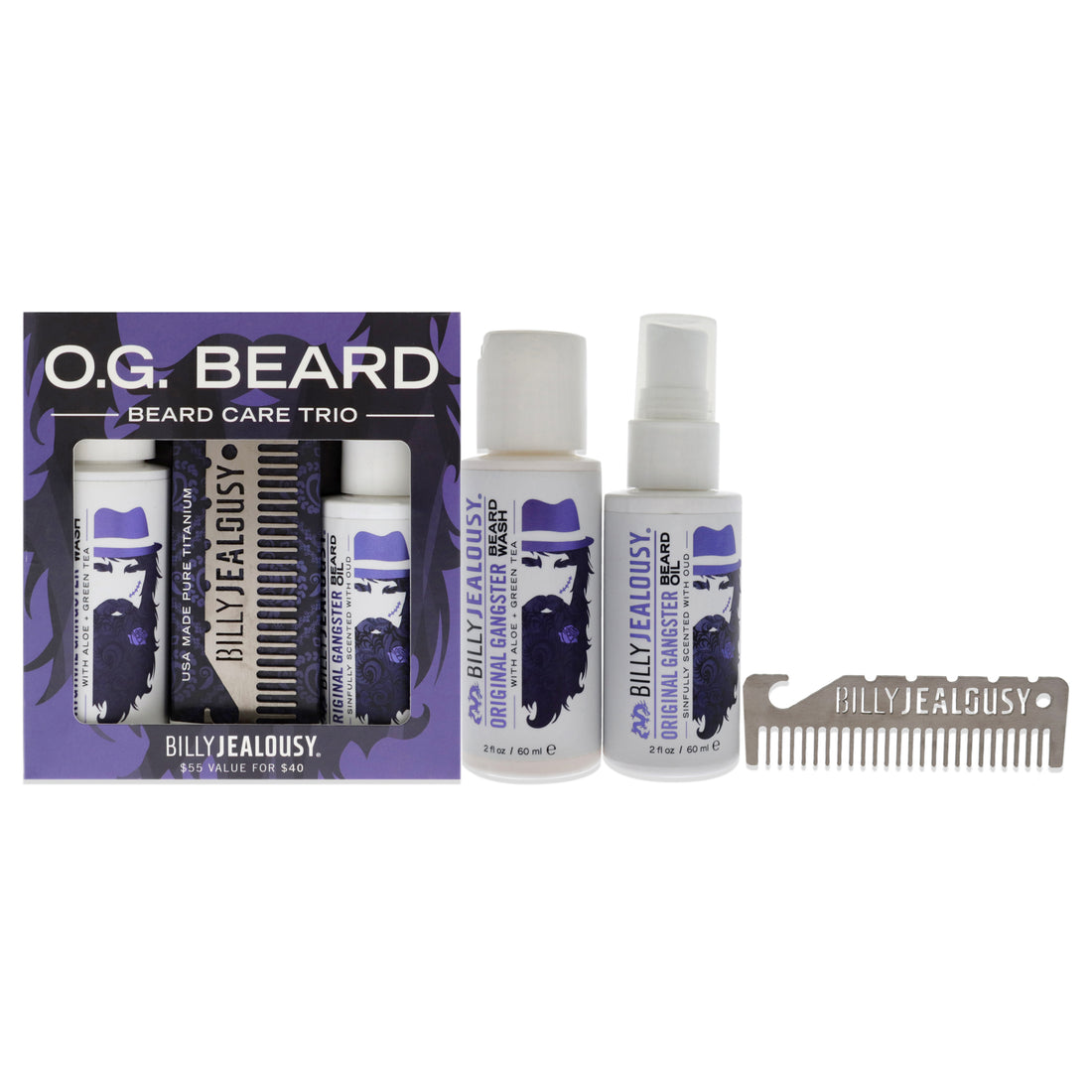 O.G. Beard Care Trio by Billy Jealousy for Men - 3 Pc 2oz Beard Wash, 2oz O.G Beard Oil, Titanium Comb