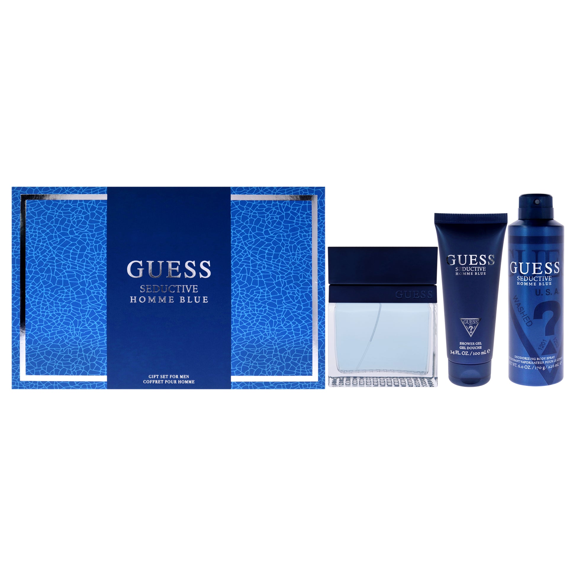 Seductive Homme Blue by Guess for Men - 4 Pc Gift Set 3.4oz EDT Spray, 6oz Deodorant Body Spray, 3.4oz Shower Gel, Pouch