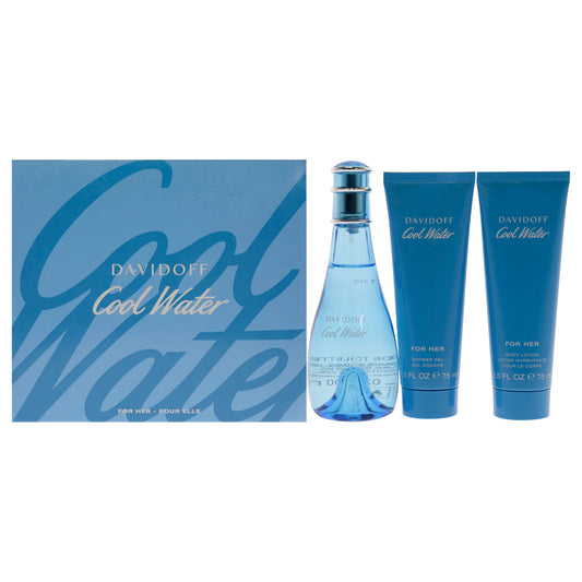 Cool Water by Davidoff for Women - 3 Pc Gift Set 3.3oz EDT Spray, 2.5oz Shower Gel, 2.5oz Body Lotion