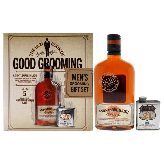 Book of Good Grooming Volume 5 Set - Noble Oud by 18.21 Man Made for Men - 2 Pc 18oz Man Made Wash 3-In-1 Shampoo, Conditioner and Body Wash, 2oz Oil