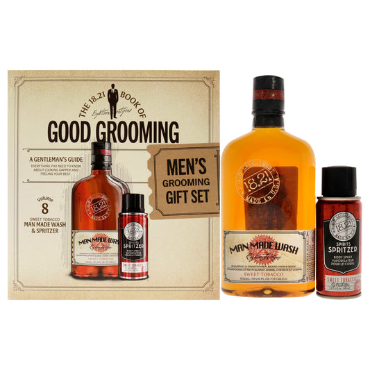 Book of Good Grooming Volume 8 Set - Sweet Tobacoo by 18.21 Man Made for Men - 2 Pc 18oz Man Made Wash 3-In-1 Shampoo, Conditioner and Body Wash, 3.4oz Spirits Spritzer Body Spray