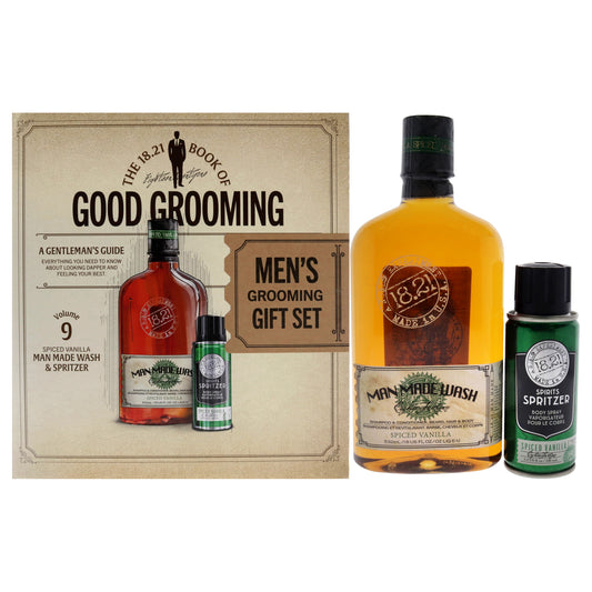 Book of Good Grooming Volume 9 Set - Spiced Vanilla by 18.21 Man Made for Men - 2 Pc 18oz Man Made Wash 3-In-1 Shampoo, Conditioner and Body Wash, 3.4oz Spirits Spritzer Body Spray