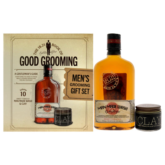 Book of Good Grooming Volume 10 Set - Sweet Tobacco by 18.21 Man Made for Men - 2 Pc 18oz Man Made Wash 3-In-1 Shampoo, Conditioner and Body Wash, 2oz Clay
