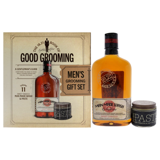 Book of Good Grooming Volume 11 Set - Sweet Tobacco by 18.21 Man Made for Men - 2 Pc 18oz Man Made Wash 3-In-1 Shampoo, Conditioner and Body Wash, 2oz Paste