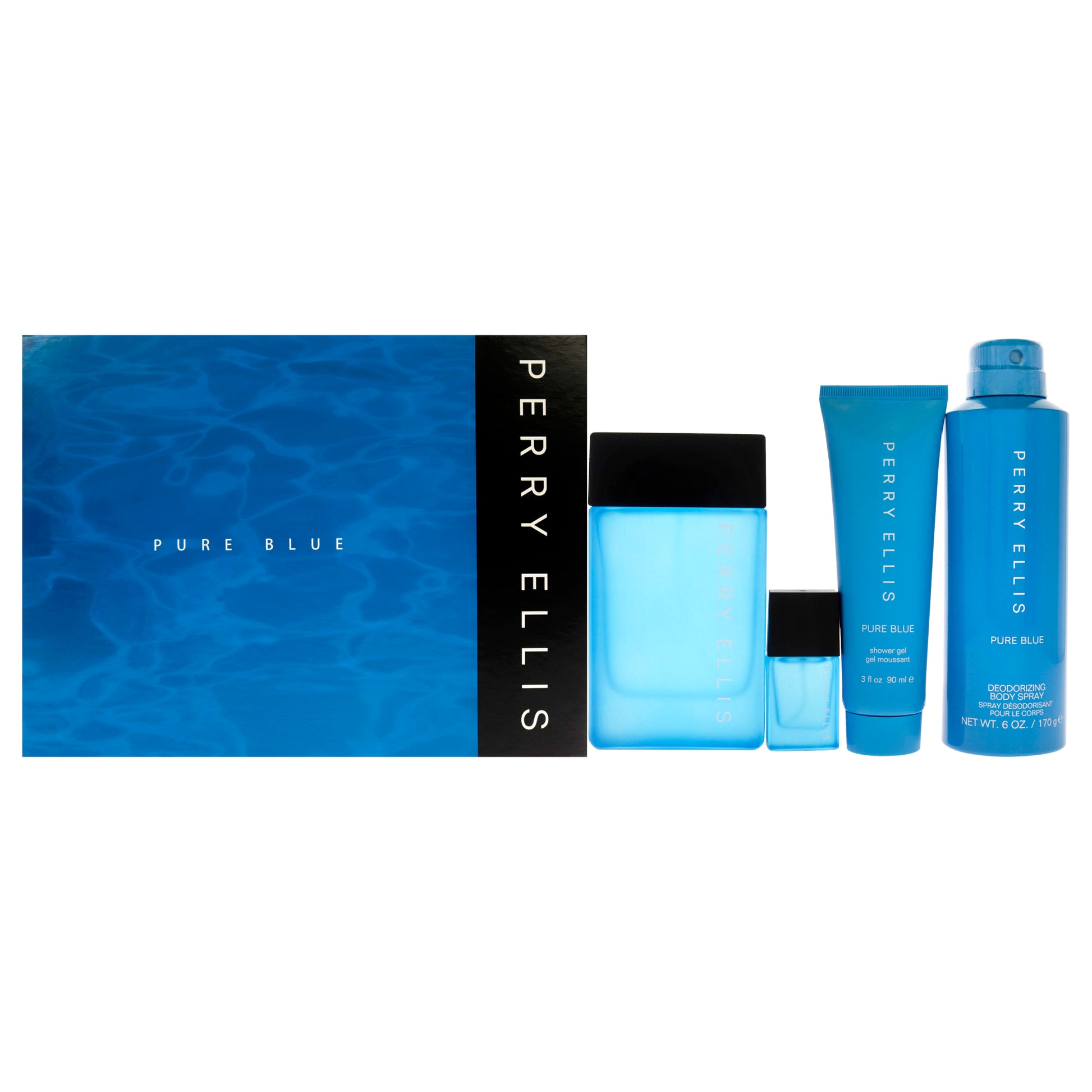 Perry Ellis Pure Blue by Perry Ellis for Men - 4 Pc Gift Set 3.4oz EDT Spray, 3oz Shower Gel, 6oz Deodorant Body Spray, 7.5ml Travel EDT Spray