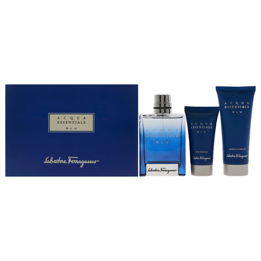Acqua Essenziale Blu by Salvatore Ferragamo for Men - 3 Pc Gift Set 3.4oz EDT Spray, 3.4oz Shampoo And Shower Gel, 1.7oz After Shave Balm