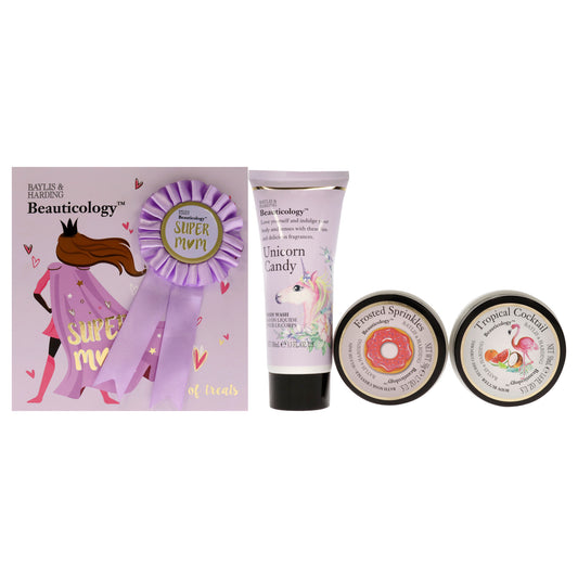 Beauticology Super Mom by Baylis and Harding for Women - 3 Pc 3.3oz Body Wash - Unicorn Candy, 1.6oz Body Butter - Tropical Coctail, 1.7oz Bath Soak Crystals - Frosted Sprinkles