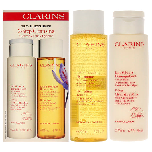 2 Step Cleansing Kit by Clarins for Women - 2 Pc 6.7oz Velvet Cleansing Milk, 6.7oz Hydrating Toning Lotion