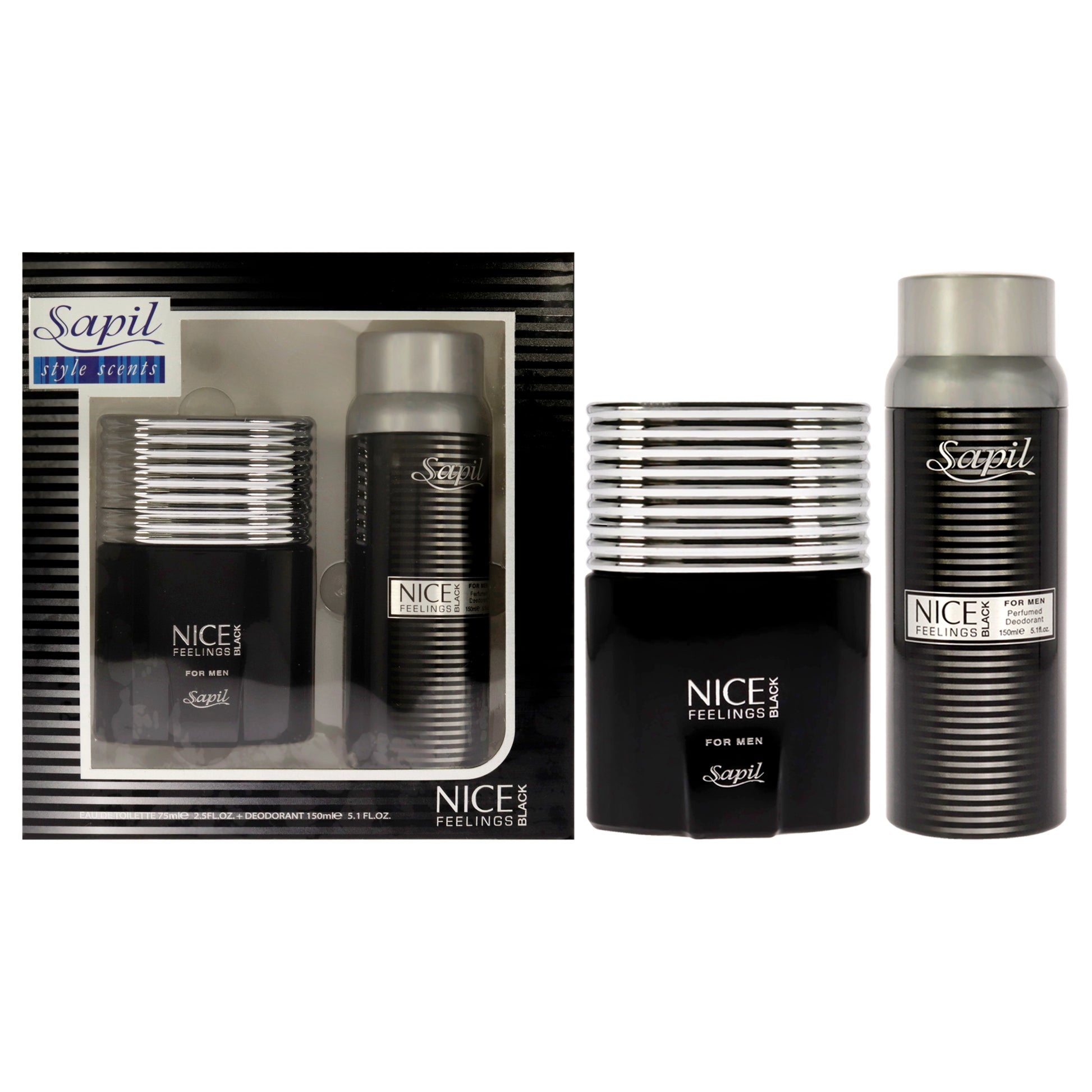 Nice Feeling Black by Sapil for Men - 2 Pc Gift Set 2.5oz EDT Spray, 5.1oz Perfumed Deodorant Spray