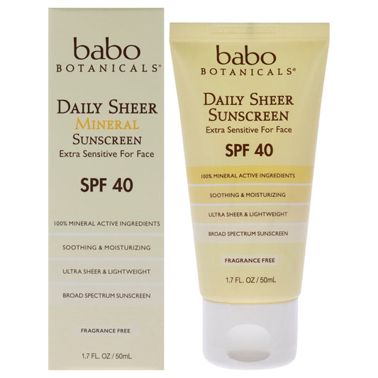 Daily Sheer Mineral Sunscreen SPF 40 by Babo Botanicals for Unisex - 1.7 oz Sunscreen