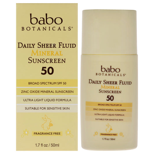 Daily Sheer Mineral Sunscreen Fluid SPF 50 by Babo Botanicals for Unisex - 1.7 oz Sunscreen
