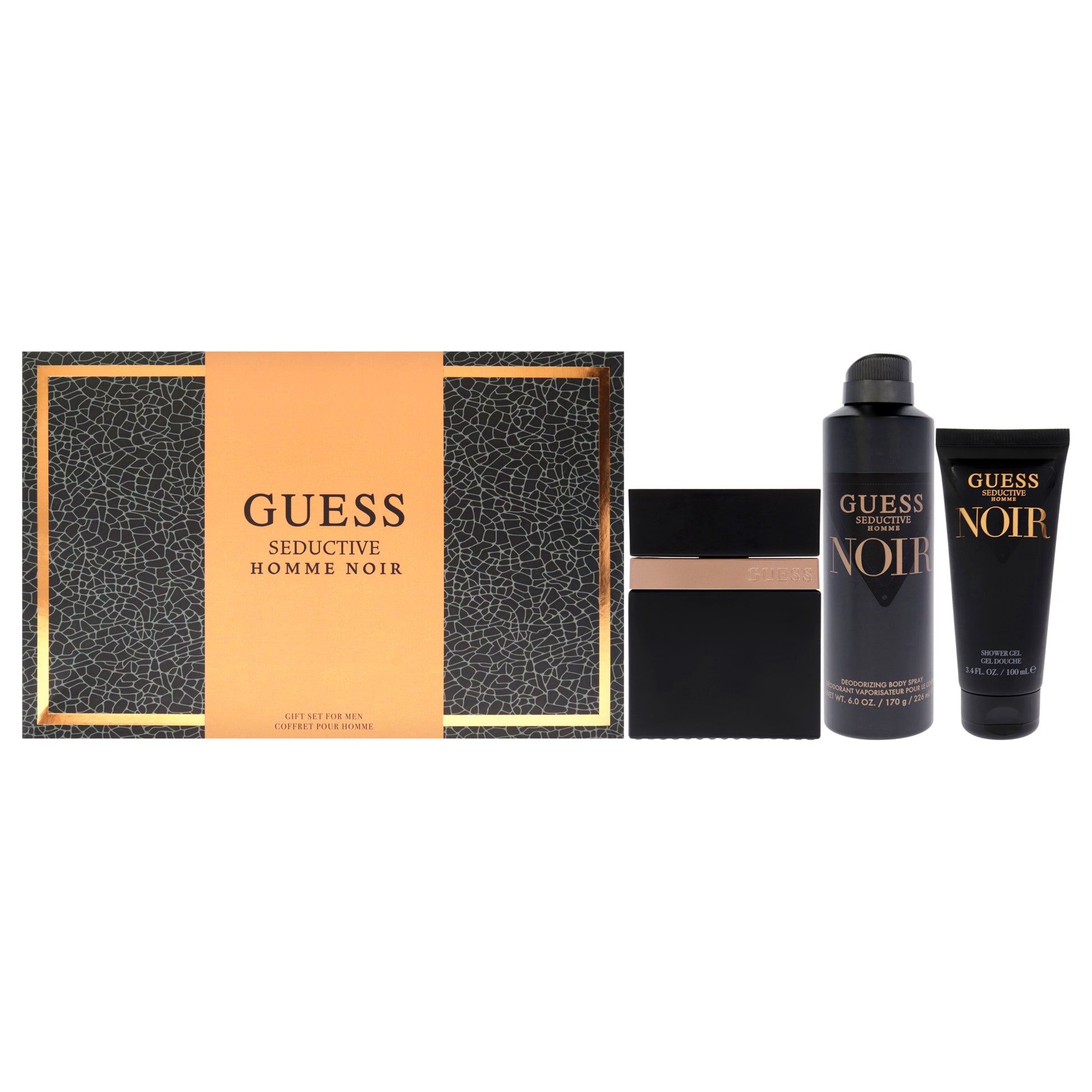 Seductive Homme Noir by Guess for Men - 4 Pc Gift Set 3.4oz EDT Spray, 6oz Deodorant Body Spray, 3.4oz Shower Gel, Pouch