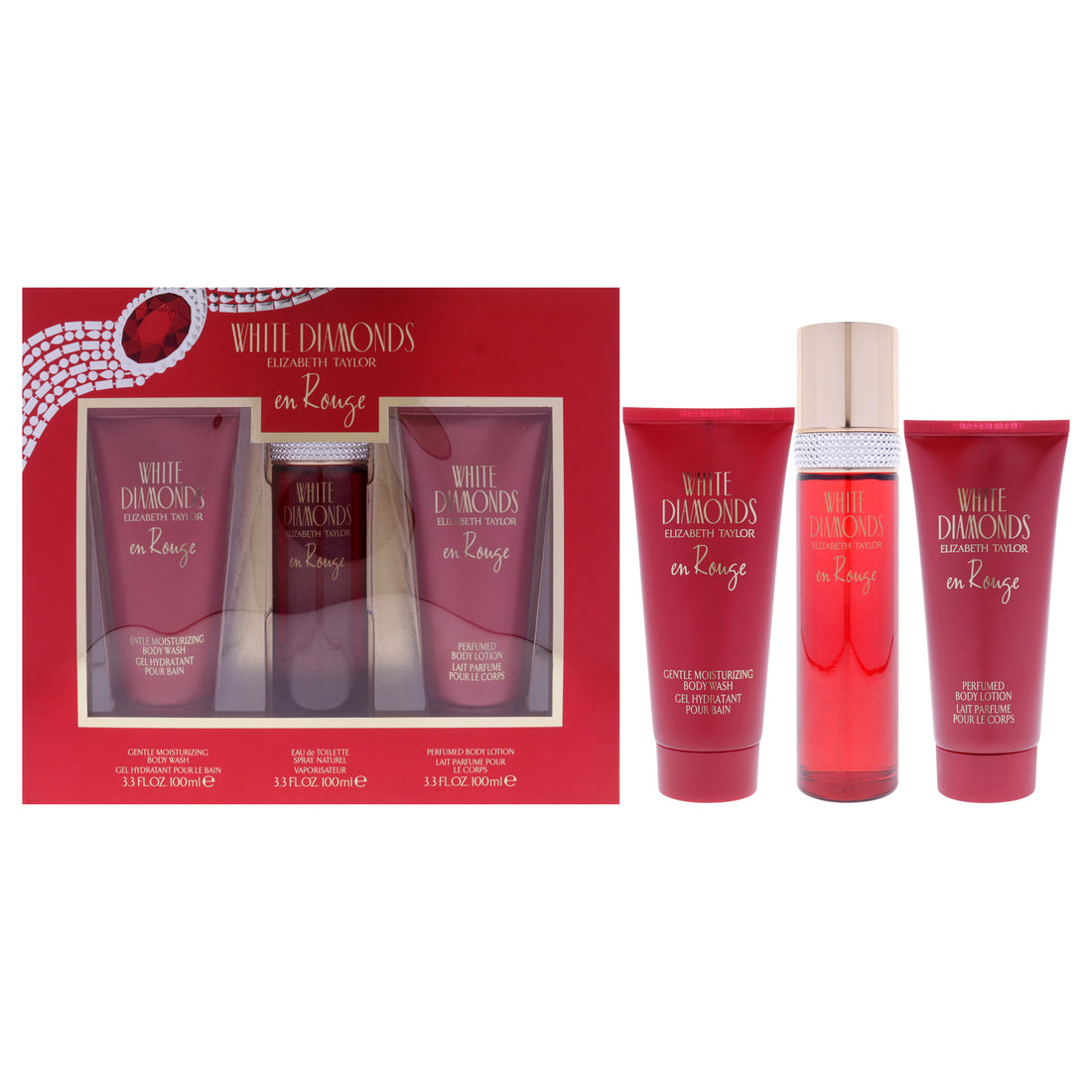 White Diamonds En Rouge by Elizabeth Taylor for Women - 3 Pc Gift Set 3.3oz EDT Spray, 3.3oz Body Lotion, 3.3oz Body Wash