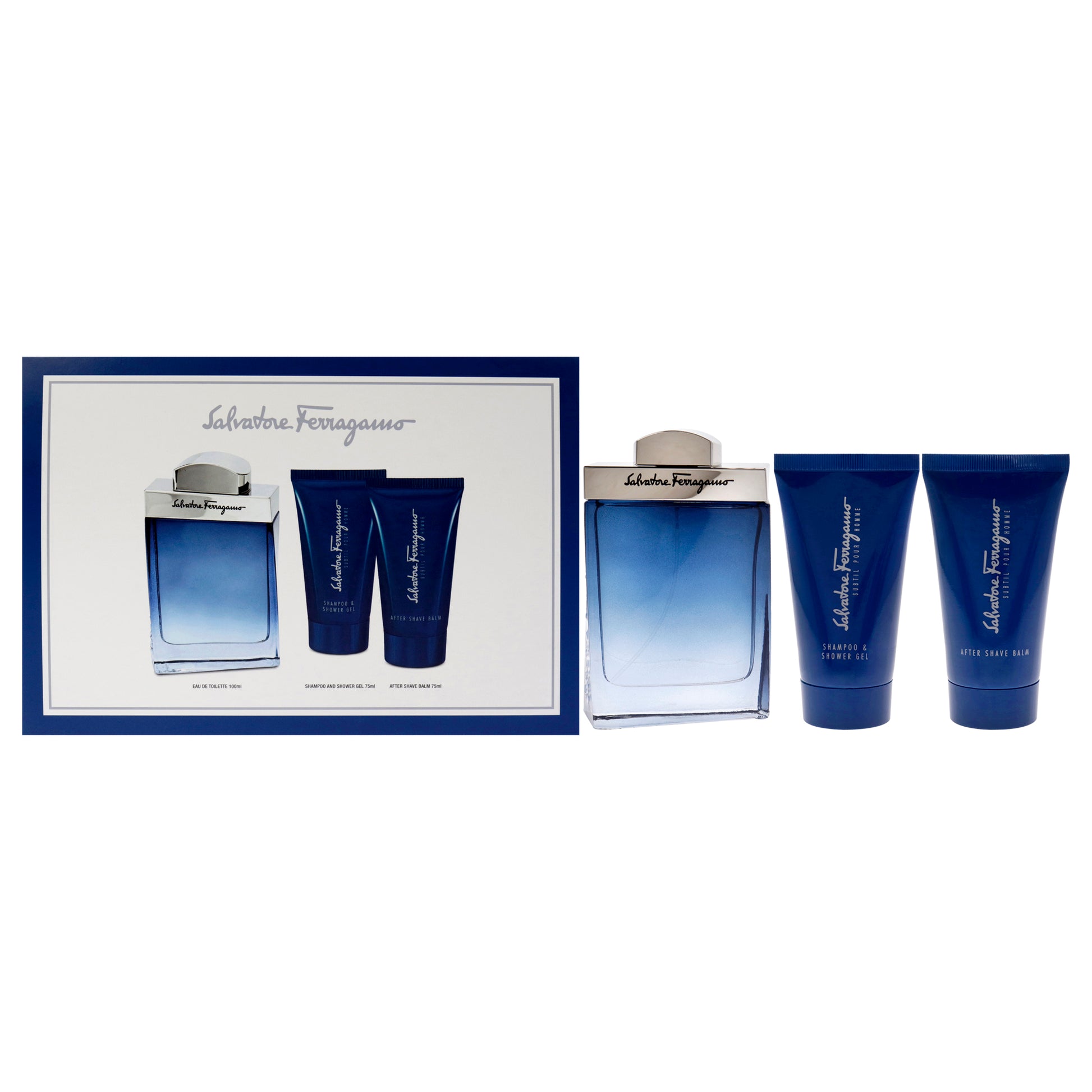 Subtil by Salvatore Ferragamo for Men - 3 Pc Gift Set 3.4oz EDT Spray, 2.5oz Shampoo and Shower Gel, 1.7oz After Shave Balm