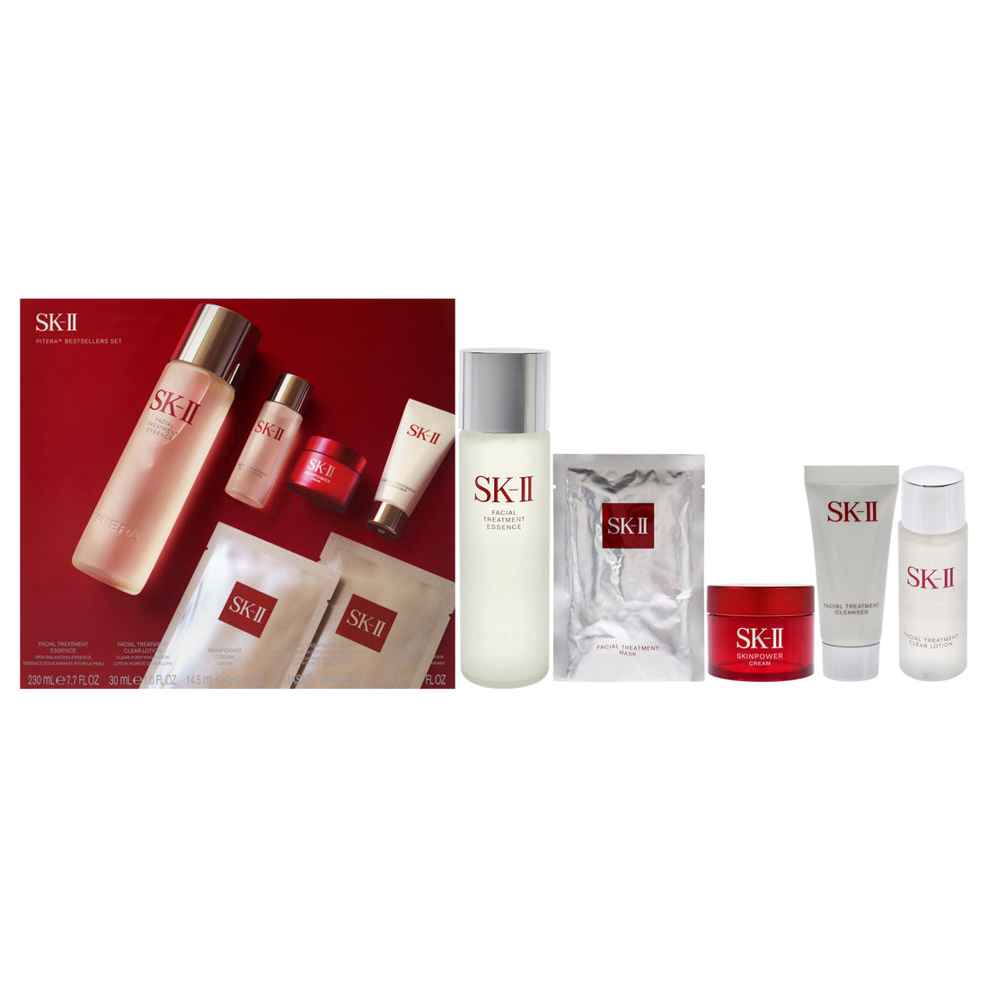 Pitera Bestsellers Set by SK-II for Unisex - 6 Pc 7.7oz Facial Treatment Essence, 1oz Facial Treatment Clear Lotion, 0.49oz Skinpower Cream, 2 Facial Treatment Mask, 0.57oz Facial Treatment Cleanser