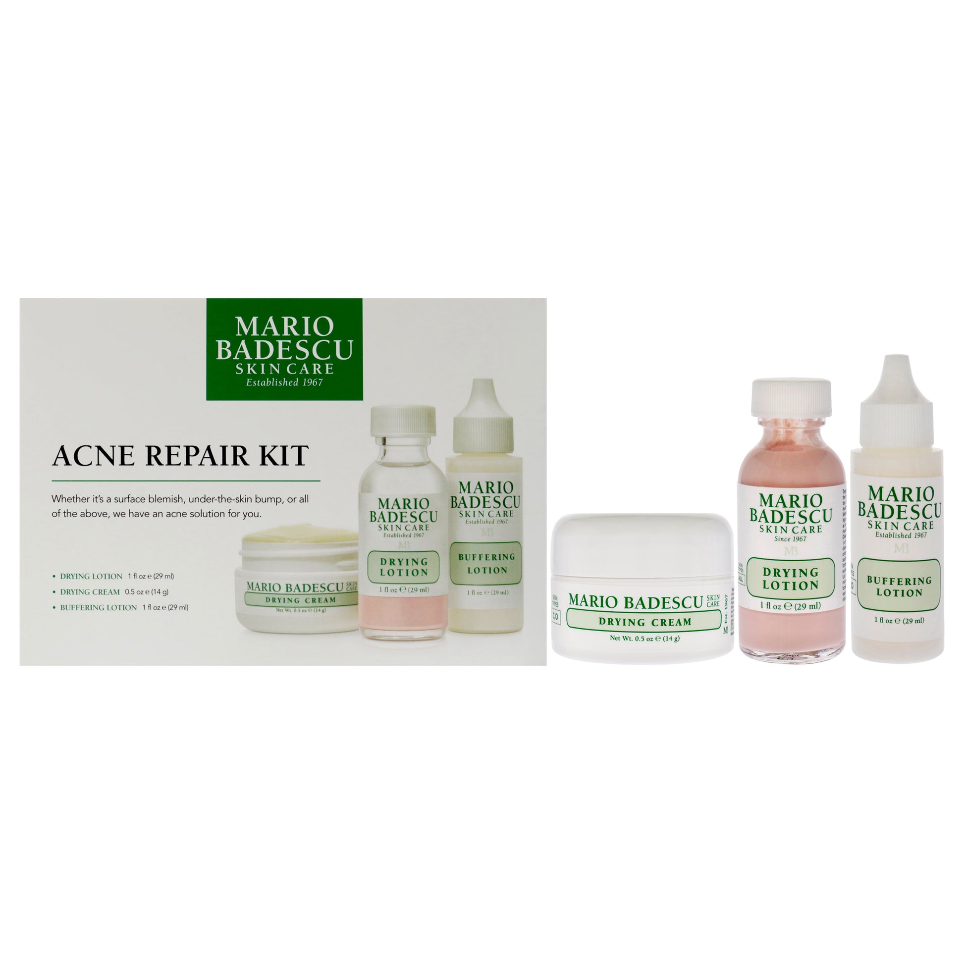 Acne Repair Kit by Mario Badescu for Unisex - 3 Pc 1oz Drying Lotion, 1oz Buffering Lotion, 0.5oz Buffering Cream