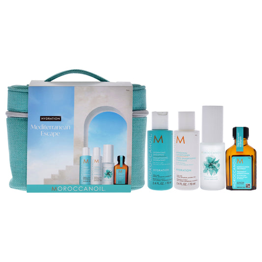 Moroccan Oil Mediterranean Escape Hydration Set by MoroccanOil for Unisex - 4 Pc 2.4oz Hydrating Shampoo, 2.4oz Hydrating Conditioner, 0.85oz Morocanoil Treatment, 1oz Brumes Du Maroc Hair and Body Fragrance Mist
