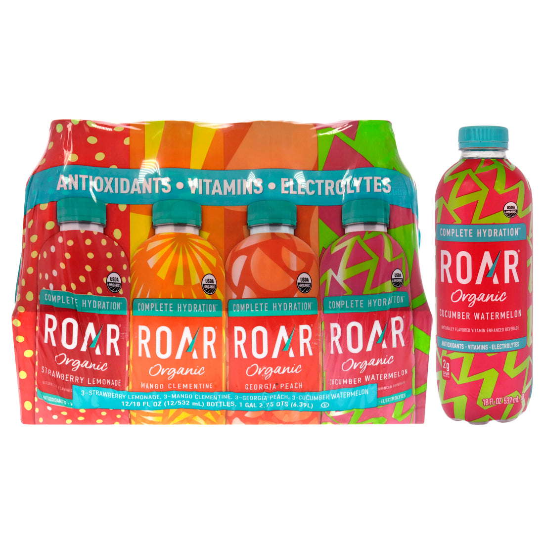 Complete Hydration Organic Variety Pack by Roar for Unisex - 12 x 18 oz Cucumber Watermelon, Mango Clementine, Georgia Peach, Strawberry Lemonade