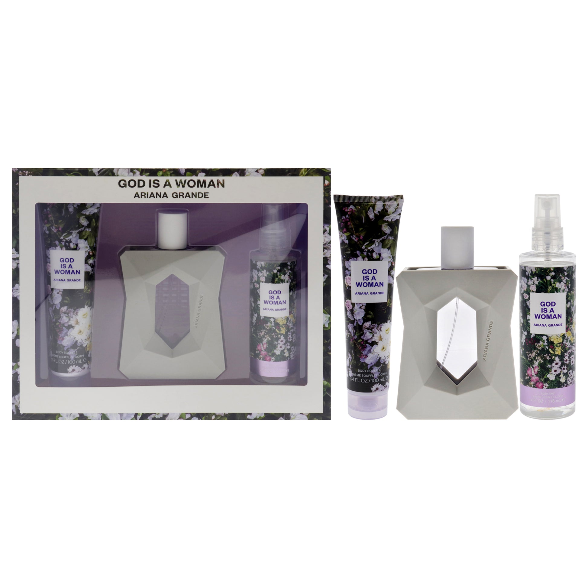 God Is A Woman by Ariana Grande for Women - 3 Pc Gift Set 3.4oz EDP Spray, 4oz Body Mist, 3.4oz Body Souffle